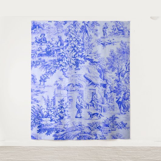 Frans Blauw Wit Toile Chinoiserie Rustieke stijl Wandkleed (Voorkant)