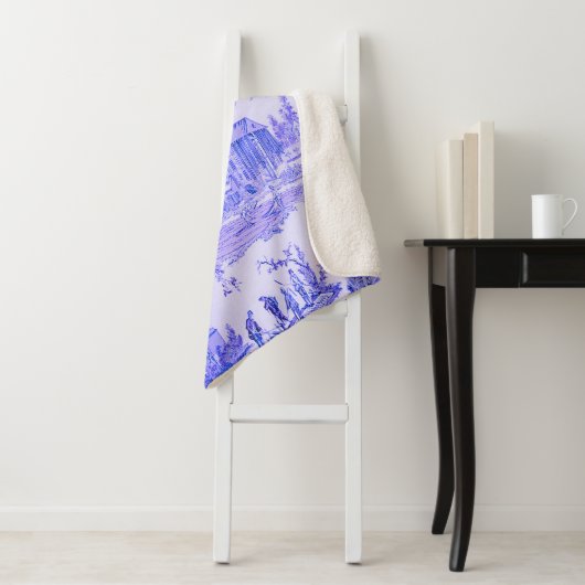 Frans Blauw Wit Toile Chinoiserie Style Rustiek Sherpa Deken (In situ)