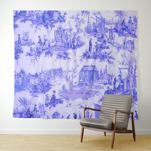 Frans Blauw Wit Toile Chinoiserie Style Rustiek Wandkleed (In Situ (horizontaal))