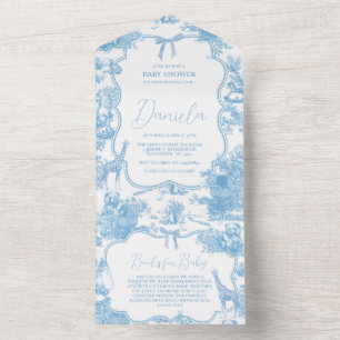 Frans Blauw Wit Toile de Jouy Beer Baby shower All In One Uitnodiging