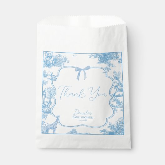 Frans Blauw Wit Toile de Jouy Beer Baby shower Bedankzakje (Voorkant)