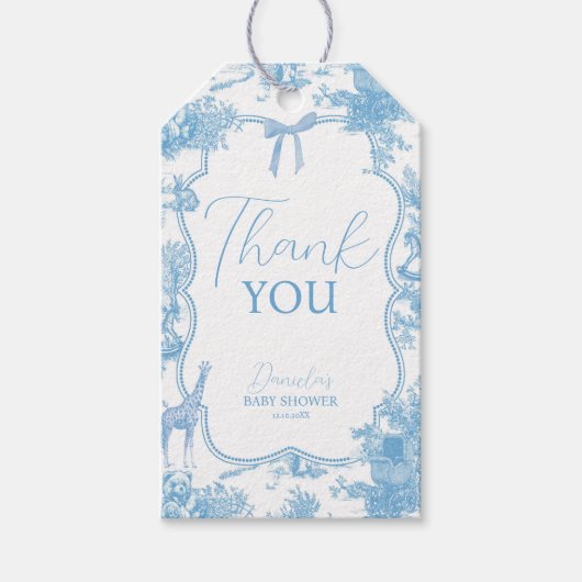 Frans Blauw Wit Toile de Jouy Beer Baby shower Cadeaulabel (Voorkant)