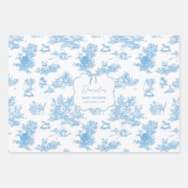 Frans Blauw Wit Toile de Jouy Beer Baby shower Inpakpapier Vel
