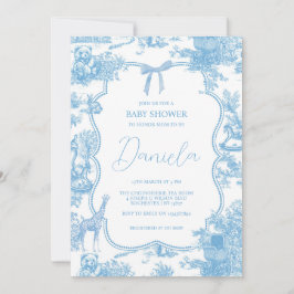 Frans Blauw Wit Toile de Jouy Beer Baby shower Kaart