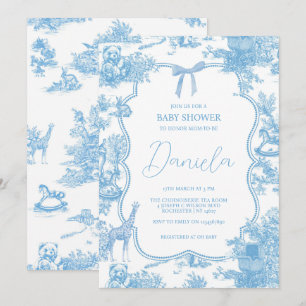Frans Blauw Wit Toile de Jouy Beer Baby shower Kaart