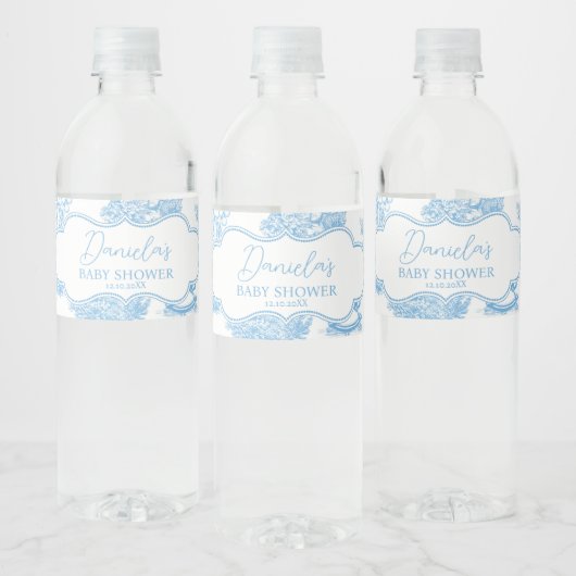 Frans Blauw Wit Toile de Jouy Beer Baby shower Waterfles Etiket (Flessen)