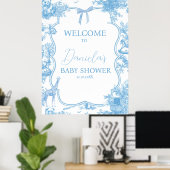 Frans Blauw Wit Toile de Jouy Beer Baby Welkom Poster (Thuiskantoor)