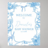Frans Blauw Wit Toile de Jouy Beer Baby Welkom Poster (Voorkant)