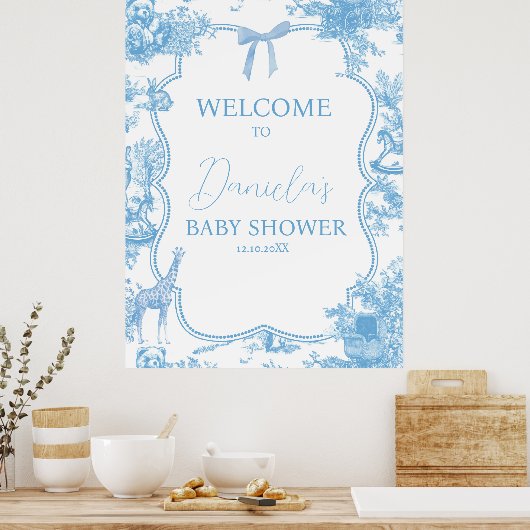 Frans Blauw Wit Toile de Jouy Beer Baby Welkom Poster (Keuken)