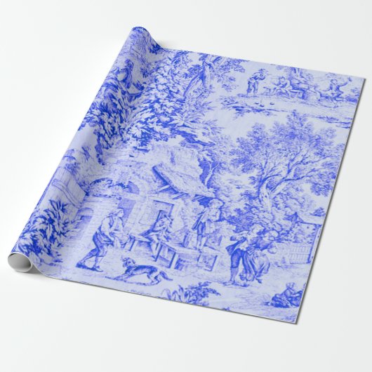Frans Blauw Wit Toile Rustieke Stijl Decoupage Cadeaupapier (Uitgerold)