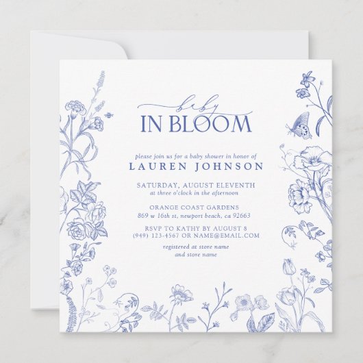 Frans Blauw & Wit Victoriaans Bloemen Baby in Bloe Kaart (Voorkant)