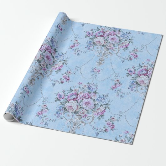 Frans Blauw Wit Victoriaans Stijl Bloemen Decoupag Cadeaupapier (Uitgerold)