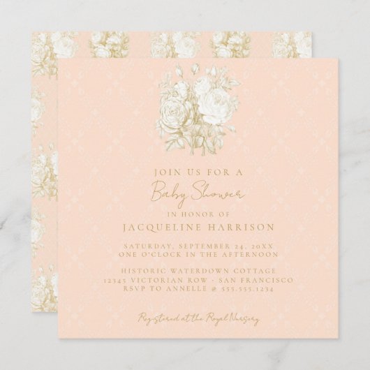 Frans Bloemen Elegant Toile Roze Goud Baby shower Kaart (Voorkant / Achterkant)