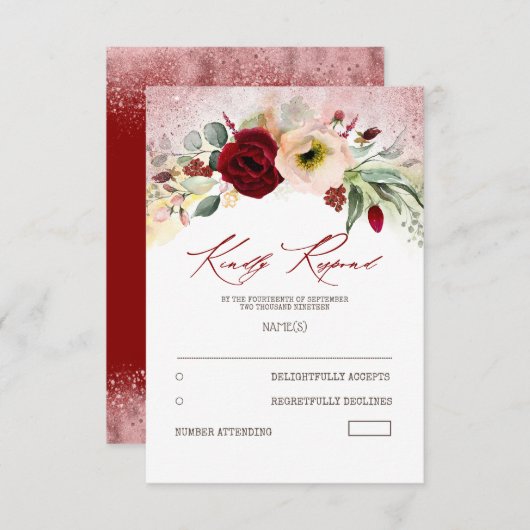 Frans Bloemen Roos Goud Glitter Bruiloft RSVP (Voorkant / Achterkant)