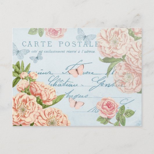 Frans bloemen vintage briefkaart met rozen (Voorkant)