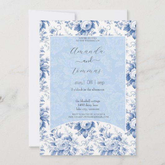 Frans Bloementoilet Blauw Bruiloft Kaart (Voorkant)