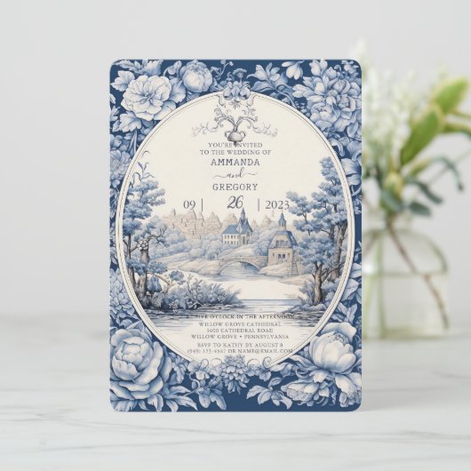  Frans Bloementoilet Blauw Bruiloft Uitnodiging (Staand voorkant)