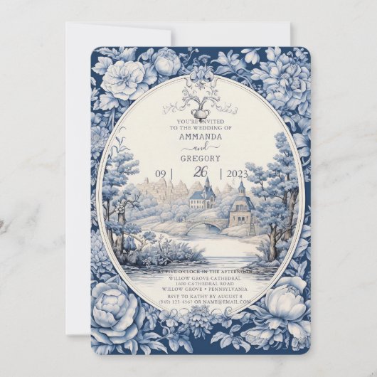  Frans Bloementoilet Blauw Bruiloft Uitnodiging (Voorkant)