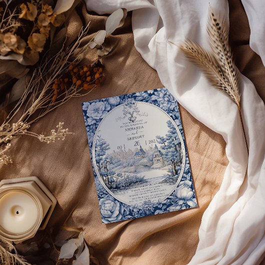  Frans Bloementoilet Blauw Bruiloft Uitnodiging