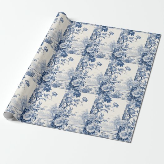 Frans bloementoilet blauw cadeaupapier (Uitgerold)