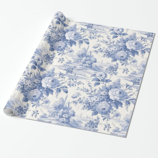 Frans bloementoilet blauw cadeaupapier (Uitgerold)