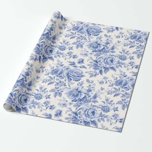 Frans bloementoilet blauw cadeaupapier (Uitgerold)