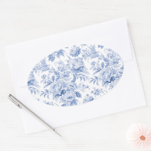 Frans bloementoilet blauw ovale sticker (Envelop)