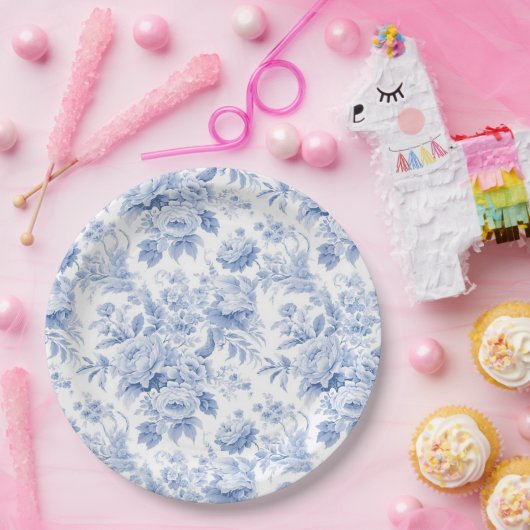 Frans bloementoilet blauw papieren bordje (Feest)