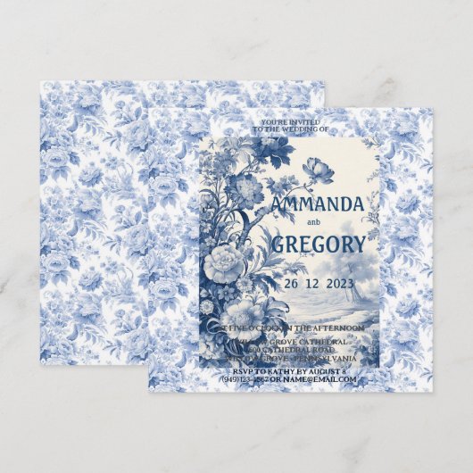 Frans Bloementoilet Blauw Uitnodiging (Voorkant / Achterkant)