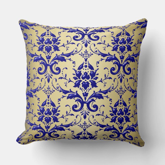 Frans Blue Damask Patroon met Gold Kussen (Voorkant)