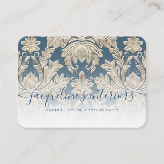 Frans Blue Elegant Floral  Wood Damask Visitekaartje (Voorkant)