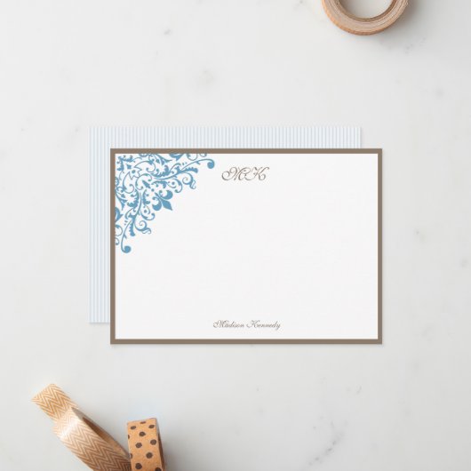 Frans Blue Stripe Fleur de Lis Personalized Notitiekaartje (Voorkant / Achterkant in situ)