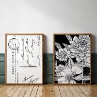 Frans Briefkaart Bloemen Boeket Zwart