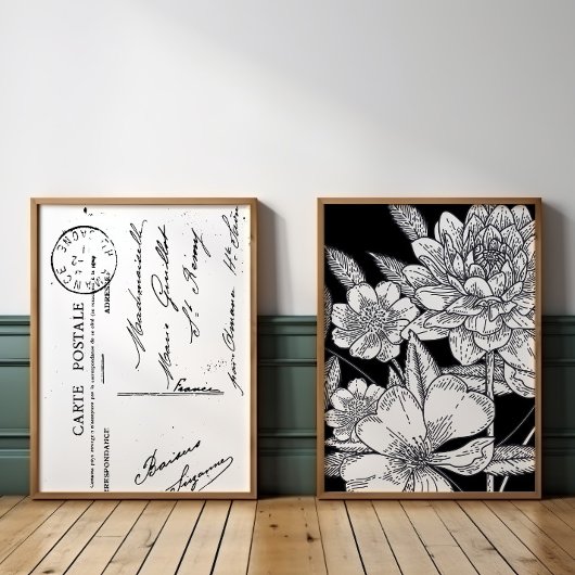 Frans Briefkaart Bloemen Boeket Zwart Muurkunst Sets