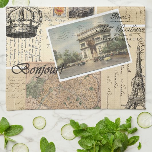 Frans Briefkaart Collage Kitchen Towel Theedoek (Gevouwen)