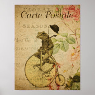  Frans Briefkaart Kikker Riding Bicycle Floral Poster