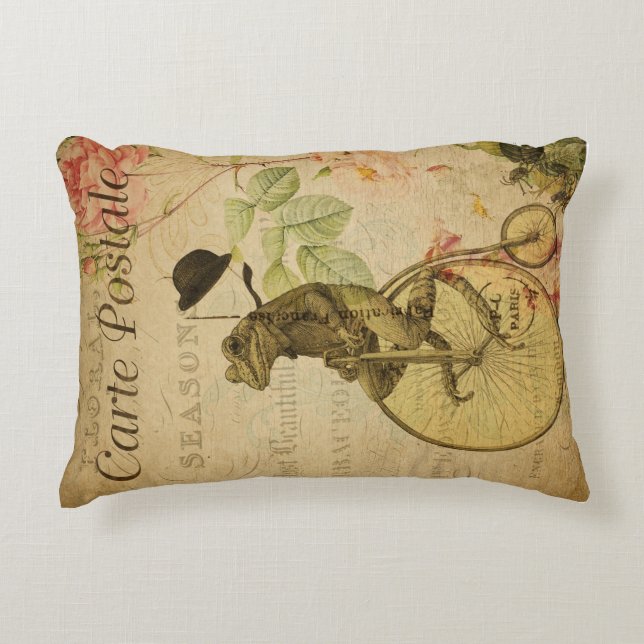  Frans Briefkaart Kikker Riding Bicycle Roos Accent Kussen (Voorkant)