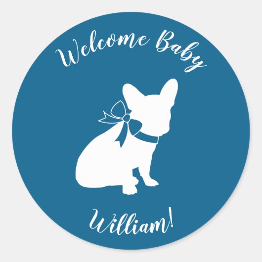 Frans Bulldog Baby shower Frenchy Frenchie Blue Ronde Sticker (Voorkant)