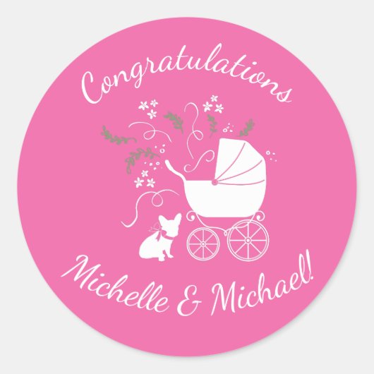 Frans Bulldog Baby shower Frenchy Frenchie Pink Ronde Sticker (Voorkant)