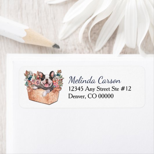Frans Bulldog Bouquet Basket Return-adres Etiket (Insitu)