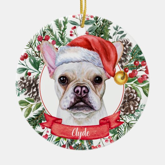 Frans Bulldog Custom Dog Santa Kerstkerstversierin Keramisch Ornament (Voorkant)