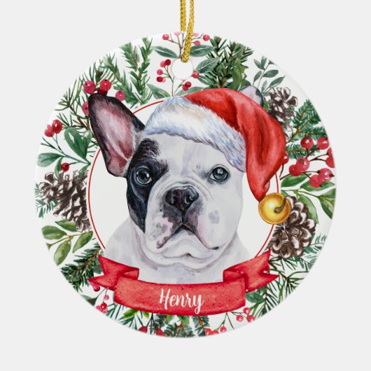 Frans Bulldog Custom Dog Santa Kerstkerstversierin Keramisch Ornament (Voorkant)