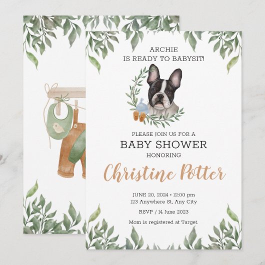 Frans Bulldog Dog Boy Boho Greenery Baby shower Kaart (Voorkant / Achterkant)