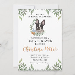 Frans Bulldog Dog Boy Boho Greenery Baby shower Kaart