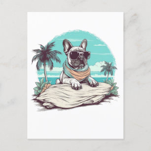 Frans-bulldog met zonnebril op het strand briefkaart