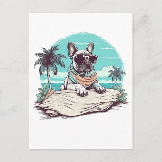 Frans-bulldog met zonnebril op het strand briefkaart (Voorkant)