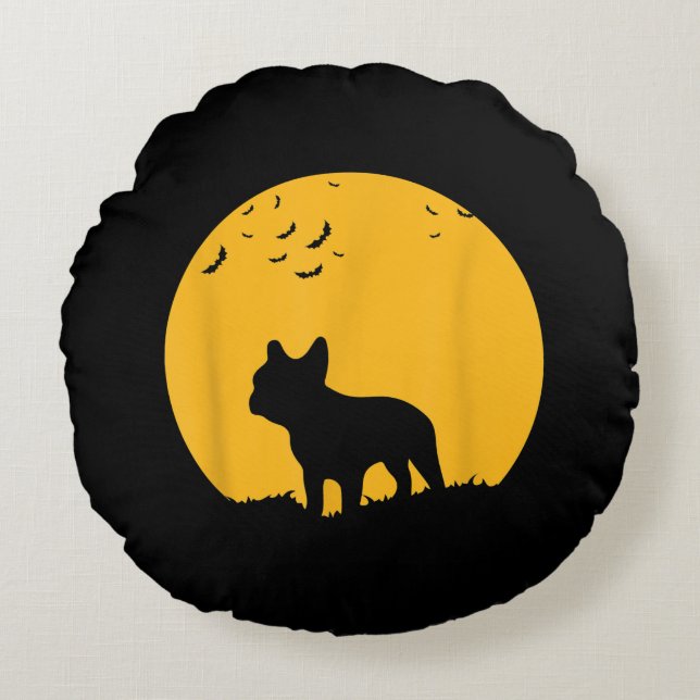 Frans Bulldog Moon Halloween Geïnspireerd design Rond Kussen (Voorkant)