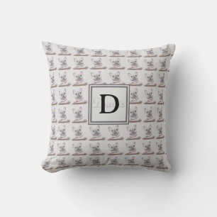 Frans Bulldog Pattern Grey met Monogram Kussen