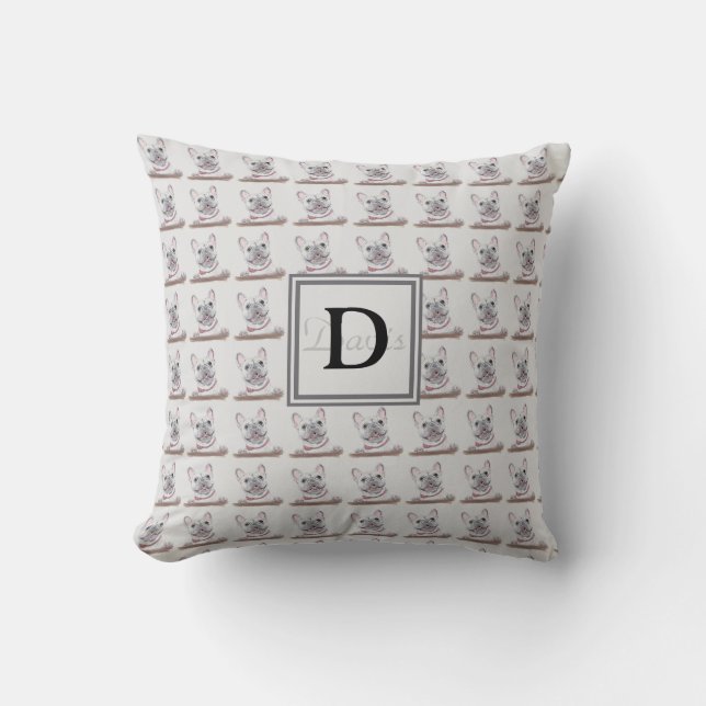 Frans Bulldog Pattern Grey met Monogram Kussen (Voorkant)