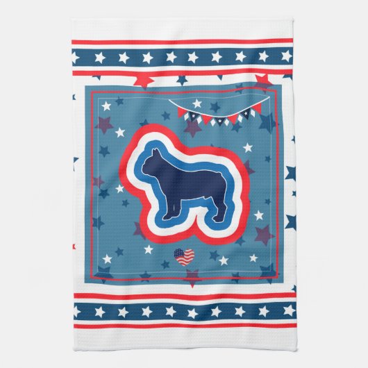 Frans Bulldog Red White en Blue 4 juli Theedoek (Verticaal)
